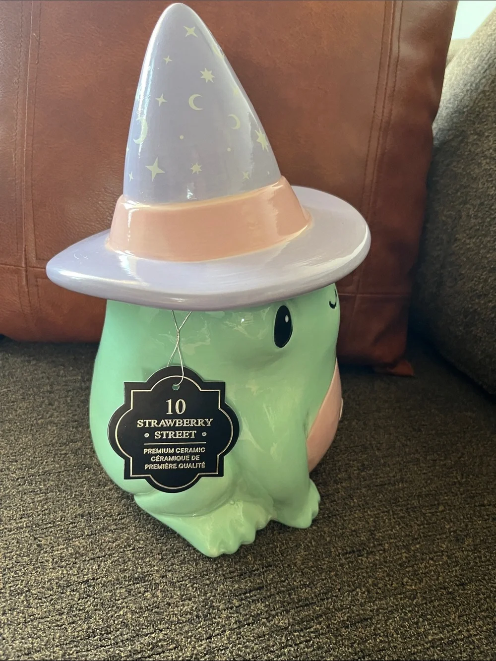 Halloween Whimsical Mint Witch Frog Cookie Jar
